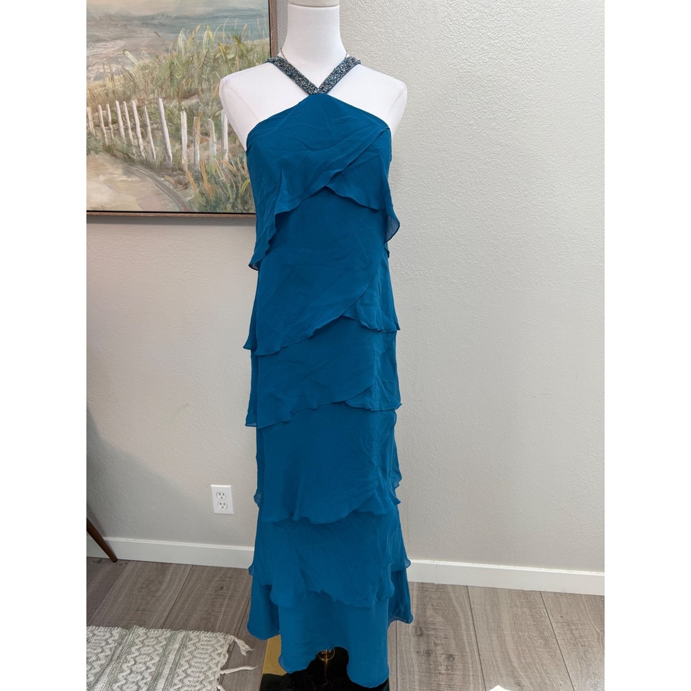 Daymor Couture Silk Tiered Evening Gown | Beaded Halter Formal Dress Size 8